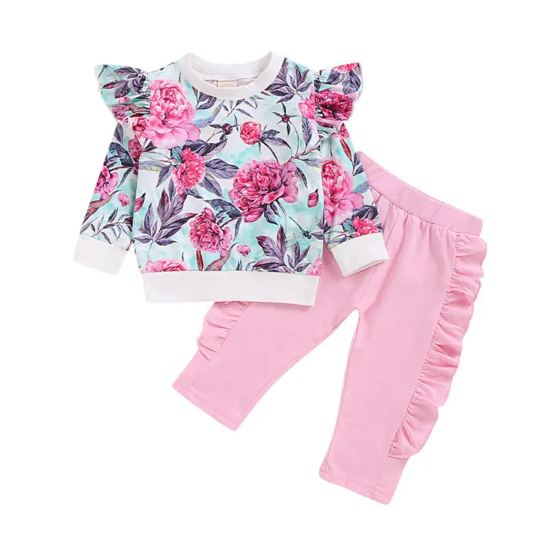 Комплекты одежды для маленьких девочек от 0 до 24 месяцев Цветочный наряд с длинными рукавами и рюшами Повседневный Спортивный костюм пуловер комплект одежды из топа и штанов