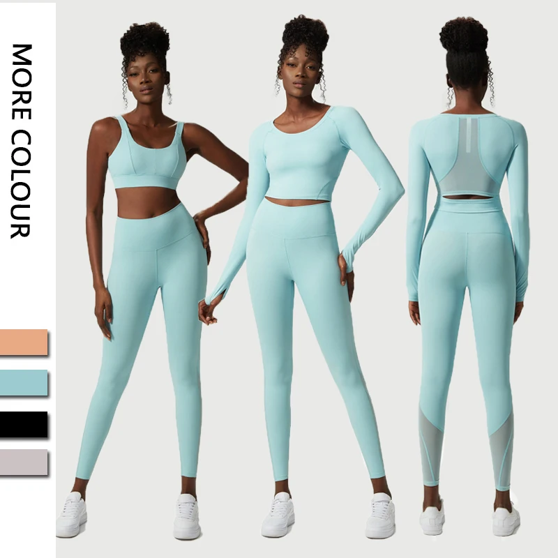 New Women Solid Color Sportswear 2/3Pcs Yoga Set Workout Gym Clothes Long  Sleeve Crop Top High Waist Leggings Sports Suit