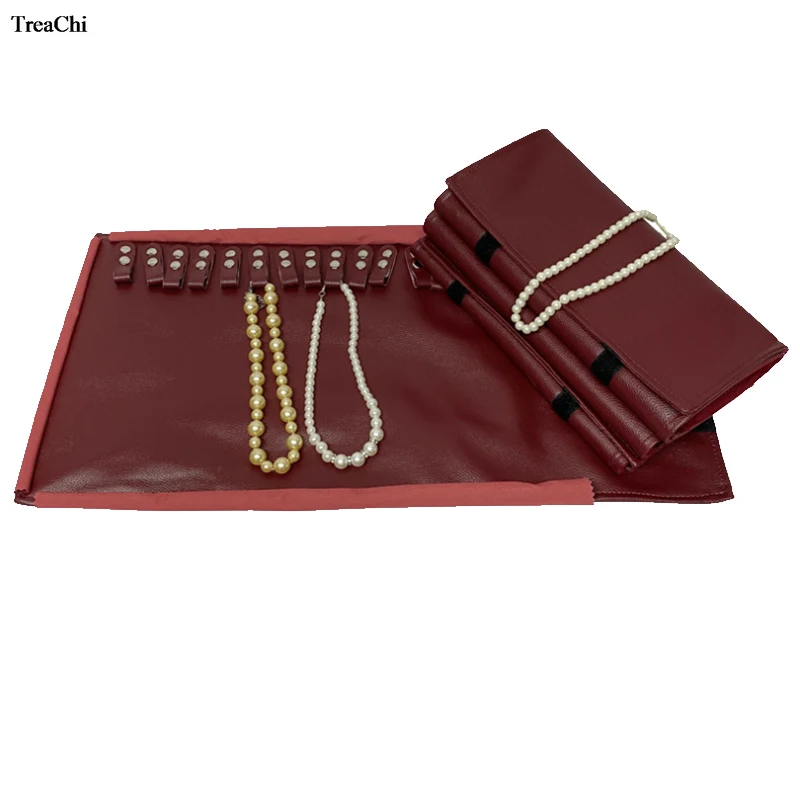 Fashion PU Jewelry Storage Travel Roll Bag For 16Pcs Necklace Red Chain Organizer Display Pouch Bracelet Packaging Roll Bag