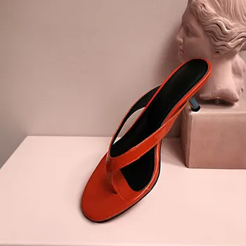 

MLJUESE 2020 women slippers Soft cow leather Rome style summer open toe red color high heels flop flips sandals party wedding