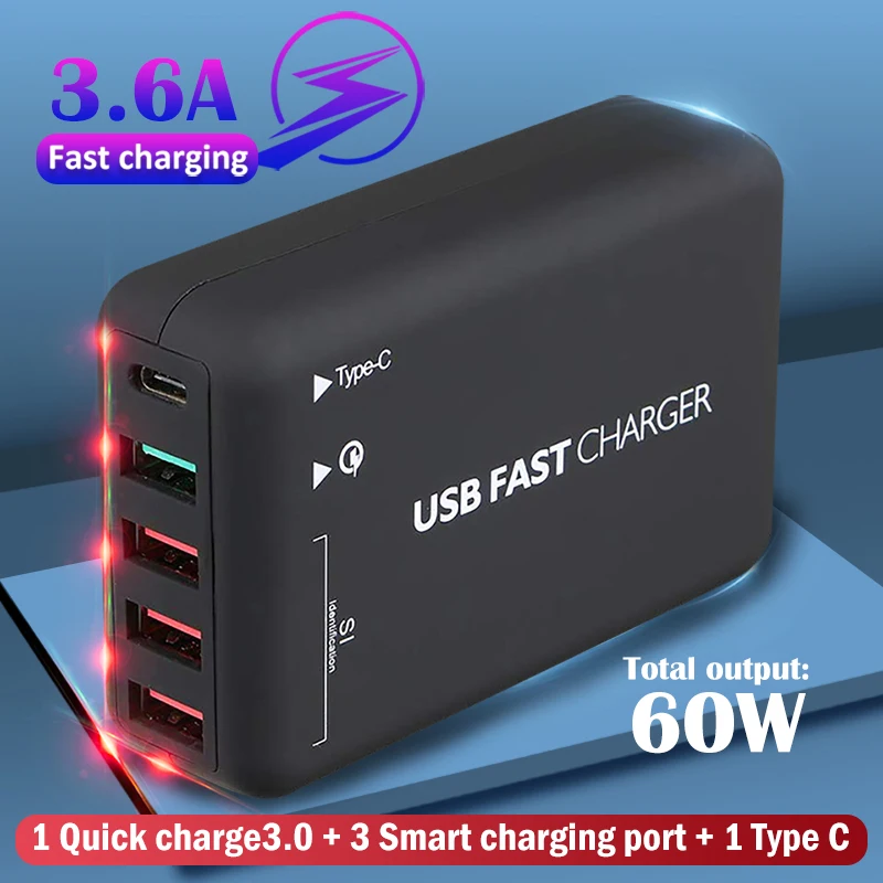 Быстрая USB Зарядное устройство QC3.0 Тип C 60 Вт 5 Порты и разъёмы интеллигентая (ый)