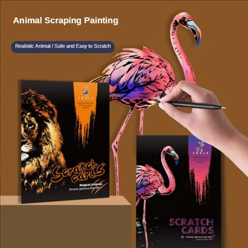 

21x29cm 4Pcs Animal Night View Scratch Painting Card Lion Wolf Cat Flamingo Scraping Art Painting Paper Manual Drawing Gift Toys