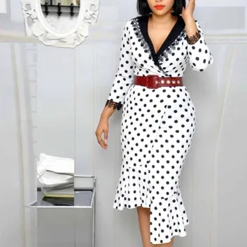 

Polka Dot Dress Elegant Women V-neck Lace Dress Irregular Midi Dress With Belt Office Lady Bodycon Dress Retro Women Outfits