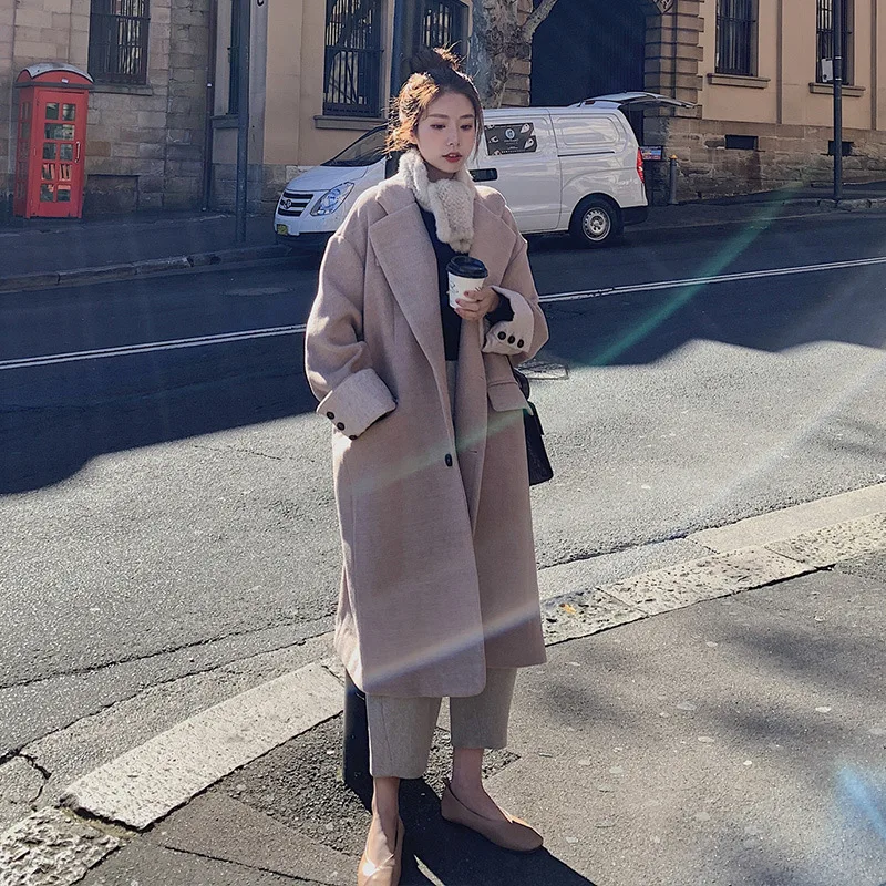 

Woolen Jacket Women's Mid-length 2019 Winter Popular New Style Korean-style Loose-Fit Elegant over-the-Knee Suit Collar Woolen O