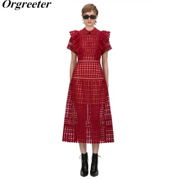 

2020 New arrival High Qaulity Red Lace Dresses Lapel Short Sleeve Hollow out Embroidery Ruffles Long Lace Dress Vestidos