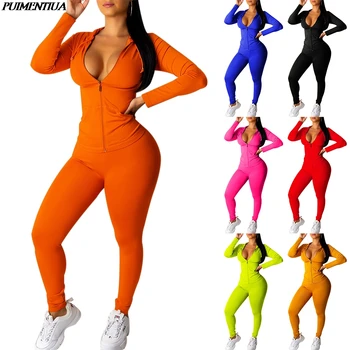 

Autumn Casual Tracksuit Two Piece Set Women's Suit Zipper Hooded Jacket Top and Pants Leggings Sportswear Jogger 2 Piece Outfits