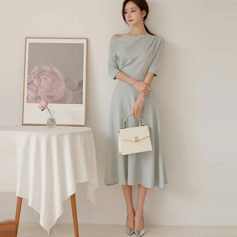 Elegant OL Professional Dress Female Summer New Sexy Strapless Slim Big Swing Dress Women Party Long Dress Vestidos 2020 Office