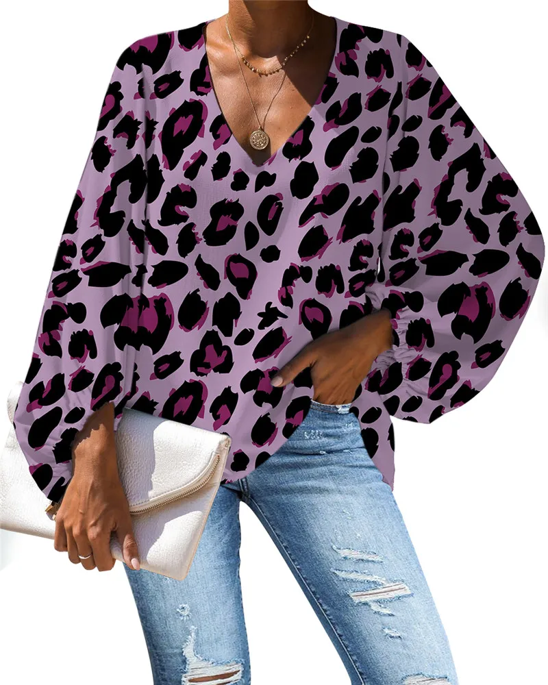 

Leopard Print Blouse Women Purple Tops And Blouses Casual Loose Long Lantern Sleeve Deep V-neck Large Size Elegant Clothing