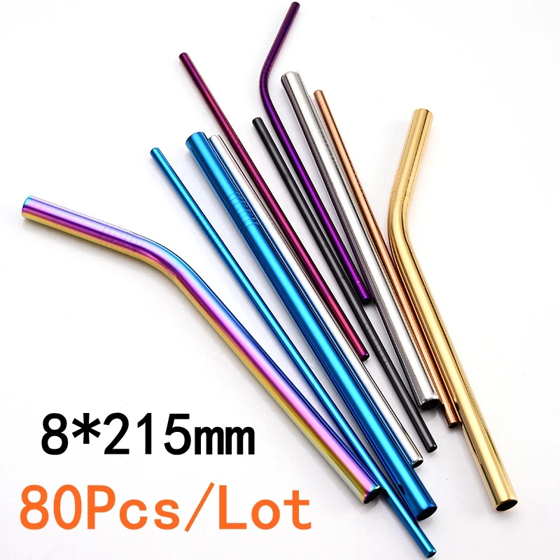 80Pcs 8mm*215mm Reusable Metal Straw 304 Stainless Steel Drinking Straight Bent Straws Eco-friendly Party Bar Accessories | Дом и сад