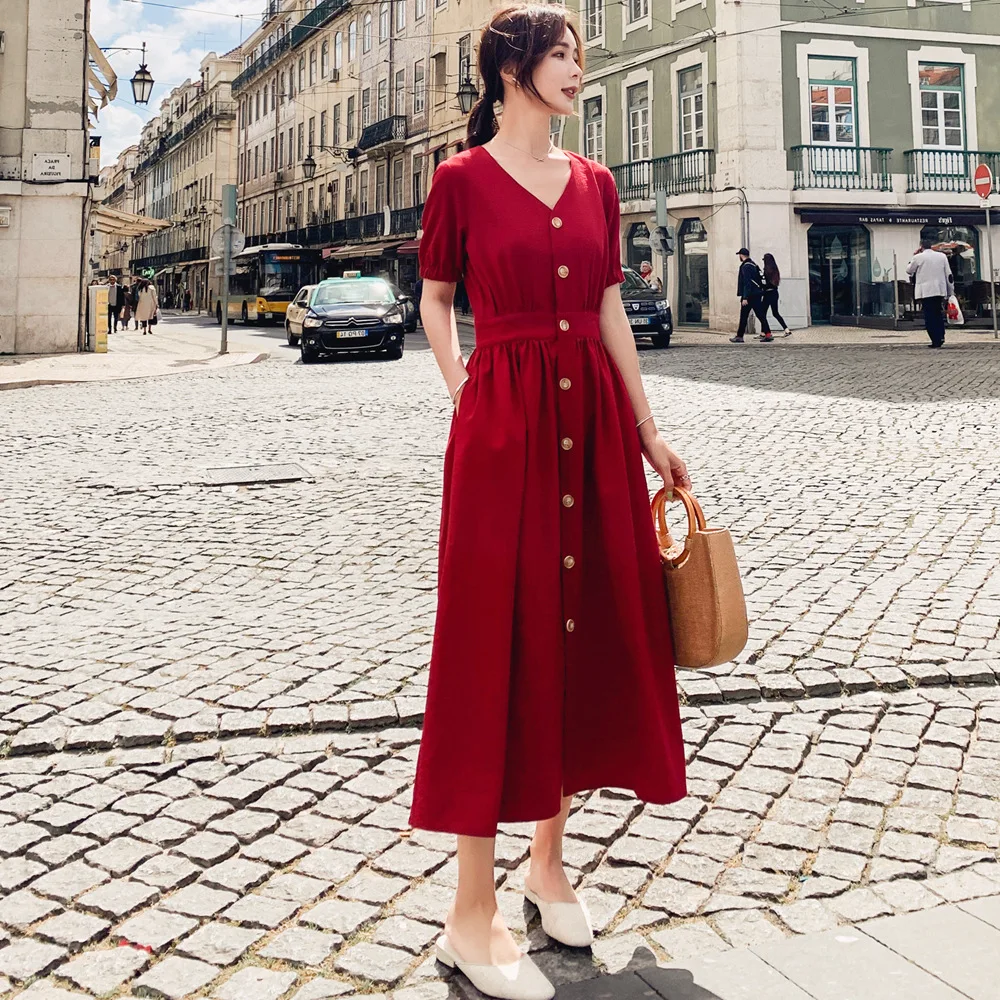

France Non-mainstream Dress 2019 Summer New Style WOMEN'S Dress French Retro CHIC-Style Single-Breasted Waist Hugging Dress