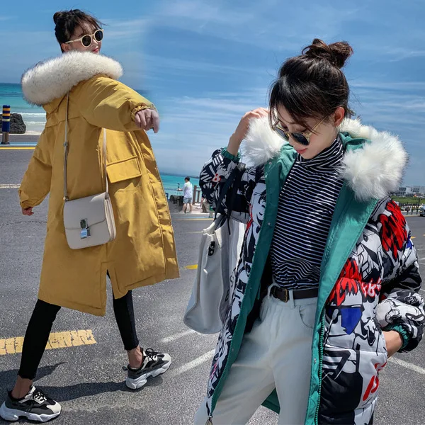 

2019 Winter down Jacket Fashion Korean-style Large Size Thick Printed Reversible down Jacket Cotton Overcoat Women's