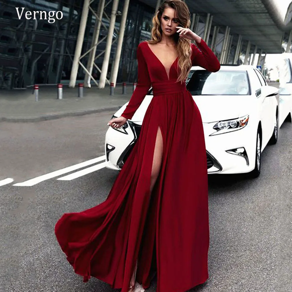 

Verngo Burgundy Evening Dresses 2020 Long Sleeves Chiffon Prom Gowns Simple High Side Slit Women Formal Party Dress Custom