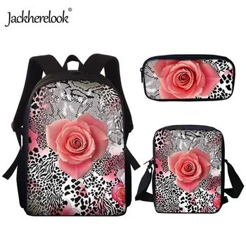 

Jackherelook Charming Leopard Rose Pattern School Bags Children Girls 3D Fashion 3pcs/Set 15 Inch Students Book Bags Canvas Bag