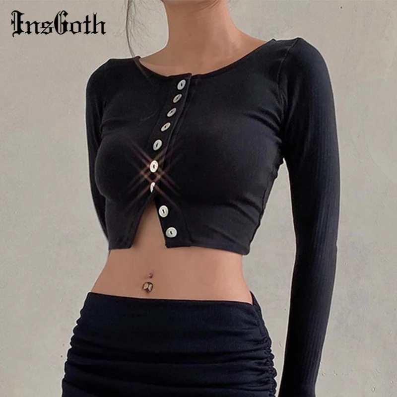 

InsGoth Caual Cotton Crop Tops Women Streetwear Bodycon Long Sleeve Basice Tops Autumn Lady Shell Buttons Black Slim Top Fashion