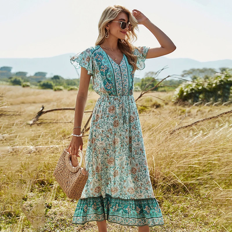 Vestidos vestidos de verano para mujeres ropa casual verde impresión floral Bohemia playa de moda de verano con cuello en V vestido largo - Ropa de mujer