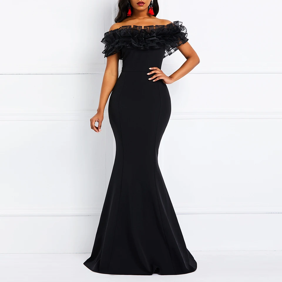 

Black Off The Shoulder Mermaid Elegant Evening Dress Floor Length Patchwork Ruffles Formal Party Women Evening Dresses
