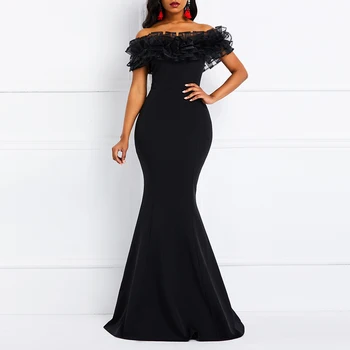 

Black Off The Shoulder Mermaid Elegant Evening Dress Floor Length Patchwork Ruffles Formal Party Women Evening Dresses