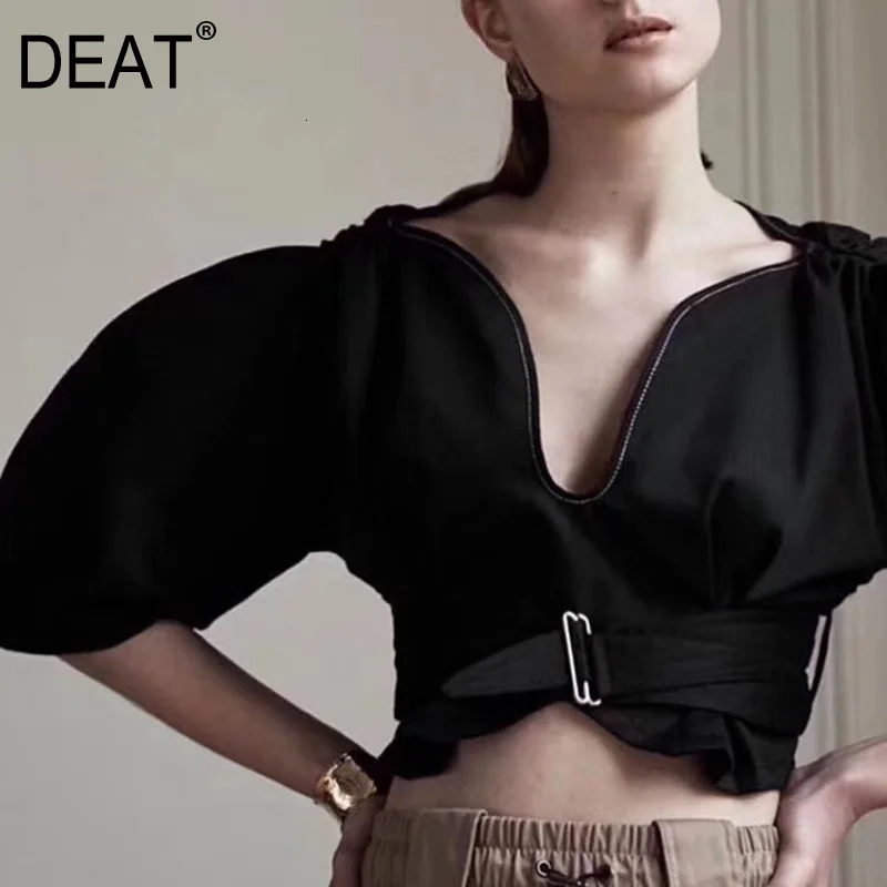 DEAT v-NECK contrast colors puff sleeves new spring and summer high waist short top with belts blouse WJ93601M