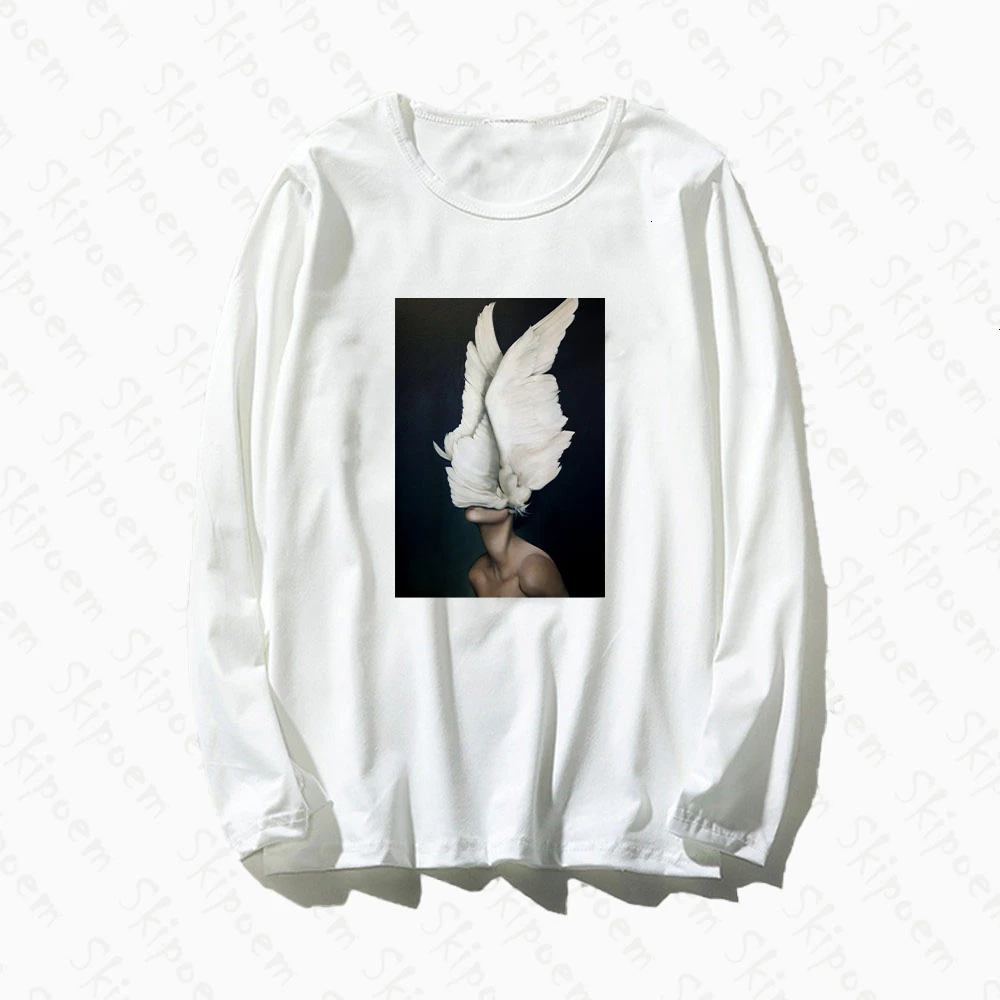 

Wings Women Surreal Artwork T-shirt Women Punk Tumblr Gothic Korean Style Plus Size Cotton Long Sleeve Top Tees Streetwear