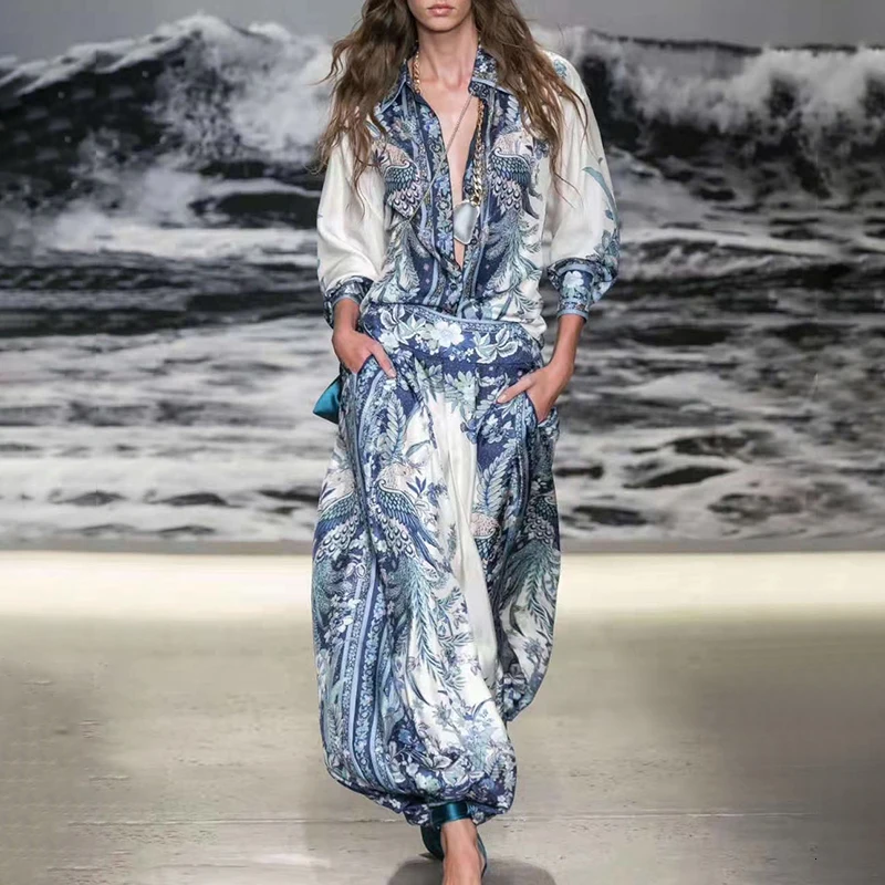 

Casual Print Two Piece Sets Women Lapel Collar Lantern Long Sleeve Blouse High Waist Pant Hit Color Suit Female New