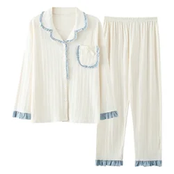 Autumn Winter Knitted Cotton Women Pajamas Set Long Sleeve Turn-down Collar Cardigan Loose Soft Plus Size M-4XL Female Homewear