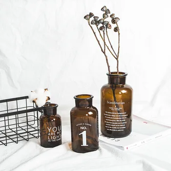 

Ou Originality Concise Letter Transparent Brown Glass Insert Vase Rural Home Decoration Accessories Furnishing Flower Vases