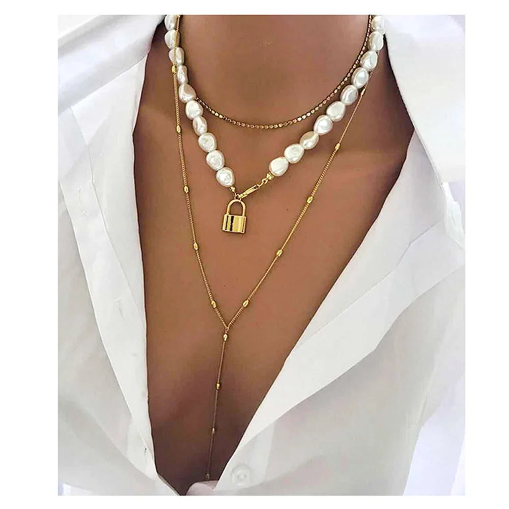 

2019 designer original multi-layer irregular pearl metal bead chain chain lock chain ladies jewelry necklace factory direct