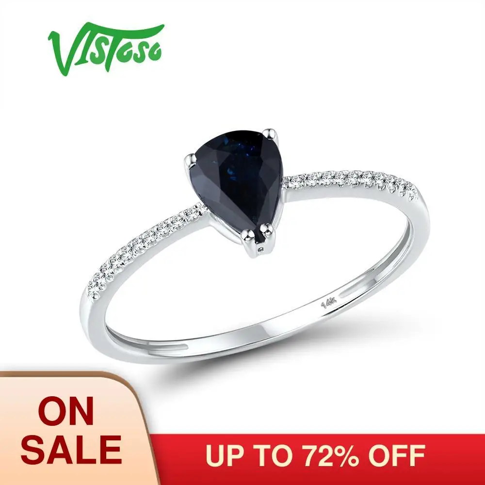 VISTOSO Pure 14K 585 White Gold Ring For Women shining Diamond 7X5mm Blue Sapphire Wedding Engagement Elegant Fine Jewelry | Украшения и