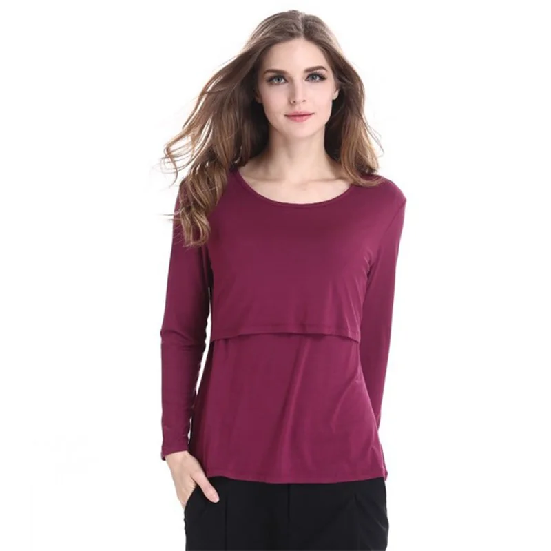 Women's Long Sleeve Tee Pure Colour Tops Breastfeeding Nusring Maternity Clothes pregnant T-shirt maternity clothes for pregnant