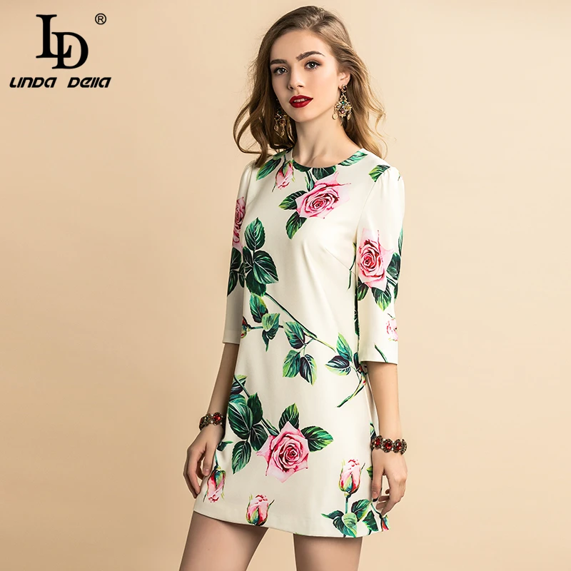 LD LINDA делла модное подиумное повседневное летнее платье женское элегантное короткое платье трапециевидной формы с коротким рукавом и цветочным принтом с розами