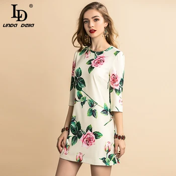 

LD LINDA DELLA Fashion Runway Casual Summer Dress Women's Half Sleeve Elegant Rose Floral Print A Line Loose Mini Short Dress