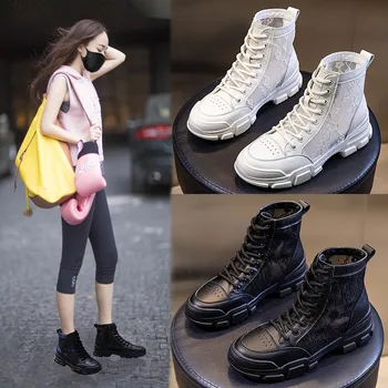 

Women Botas Round Toe Flat Platform Ankle Boots Woman Fashion Slip-on Chelsea Booties Autumn Lace Up Genuine Split Leather