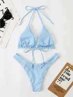 Sexy Solid Bikini Halter Swimwear WoSwimsuit Ribbed Bikini Set Brazilian Bathing Suit Summer Beach Wear Swim