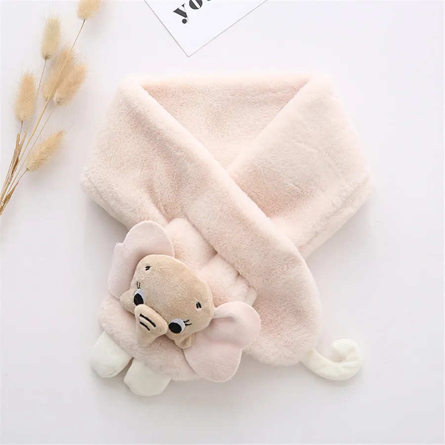 Elephant Beige Зимний детский меховой шарф, теплый меховой воротник для девочек и мальчиков, теплый шейный платок, шарфы с крестиками, милый медведь, слон - Цвет: Elephant Beige