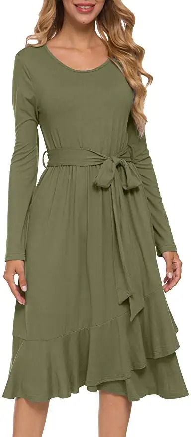 

feecolor Women's Plain Long Sleeve Flowy Modest Midi Work Casual Dress with Belt