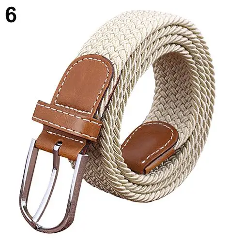 Men's Women's Canvas Plain Webbing Metal Buckle Woven Stretch Waist Belt Strap Elastic stretch woven belt - Цвет: Бежевый
