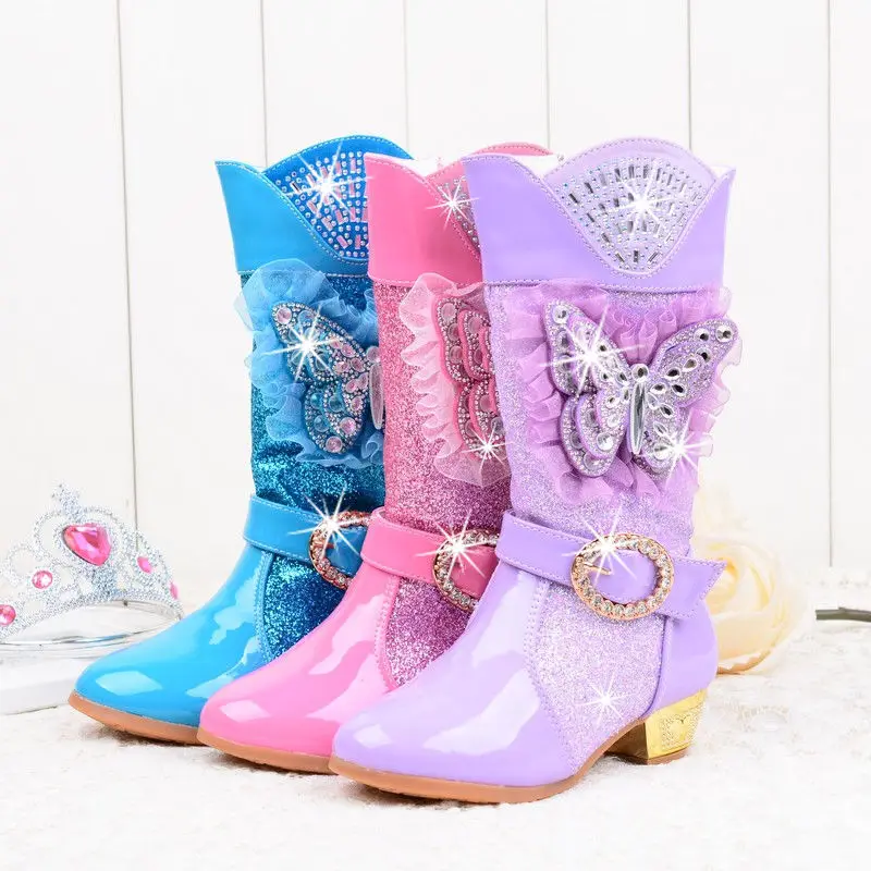 

New 2020 Children Winter Disney Botas Warm Long Boots Girls Low Heel Sequins Snow Boots Frozen 4-14 Years Old Girl Winter Boots