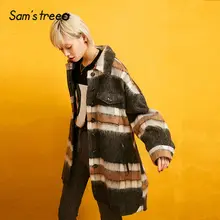 SAM'S TREE клетчатое Женское шерстяное пальто на одной пуговице с графикой Brit зимняя свободная повседневная верхняя одежда с рукавами фонариками