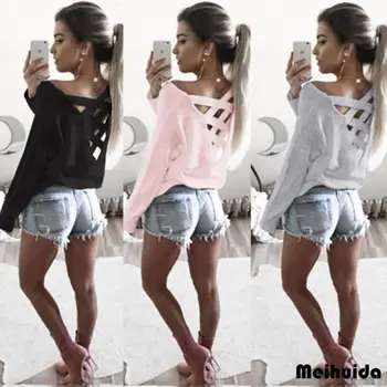 

Women O Neck Casual Long Sleeve Shirt Hollow Out Back Pullover Tops T-shirt Spring Summer Shirt