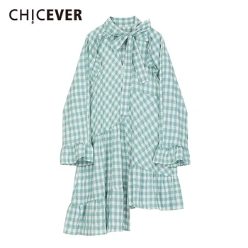 

CHICEVER Women Green Plaid Ruffles Asymmetrical Shirt Dress New Lapel Long Sleeve Loose Fit Fashion Tide Spring Autumn 2020