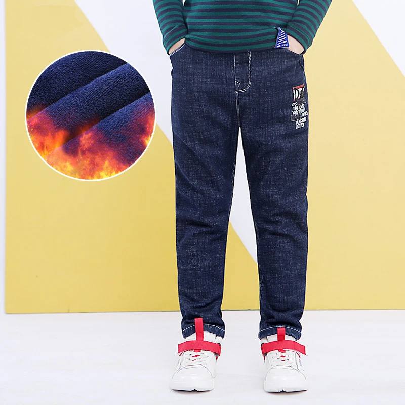 Enlarged pants Зимние джинсы для больших мальчиков, теплые синие штаны высокого качества детские однотонные джинсовые брюки теплые вельветовые штаны с эластичной резинкой на талии От 8 до 16 лет - Цвет: Enlarged pants
