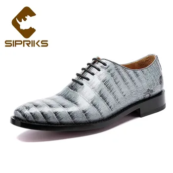 

Sipriks Mens Custom Sewing Welted Shoes Gray Crocodile Belly Skin Dress Oxfords Italian Calf Leather Sole Gents Suit Office 45