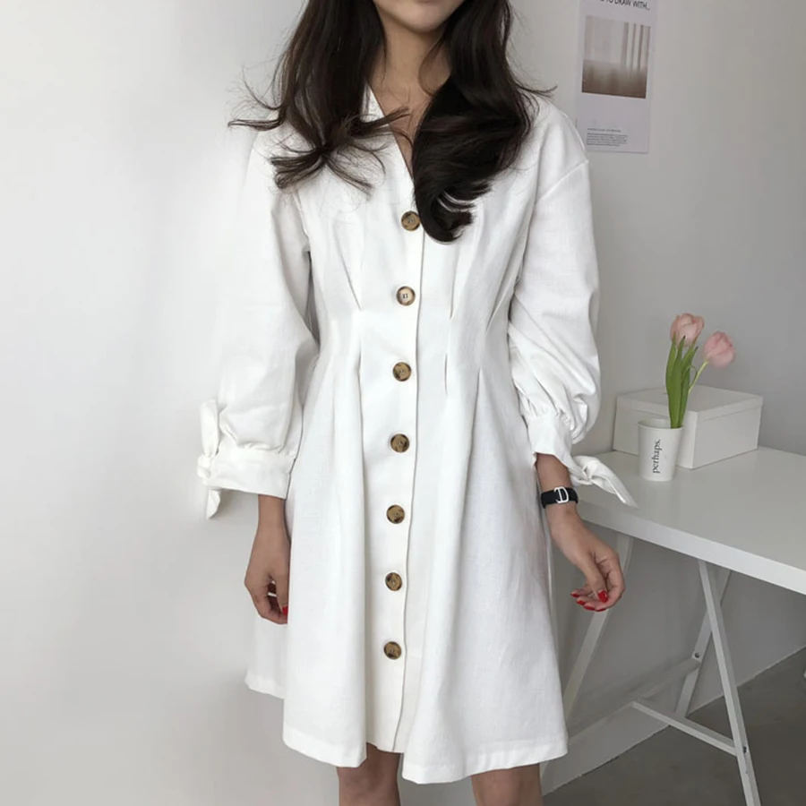 Cheap 2019 White Dress Female Elegant Korean Long Sleeve Bow Tie Dresses Women Vintage Loose V Neck High Waist Women Casual Sundress