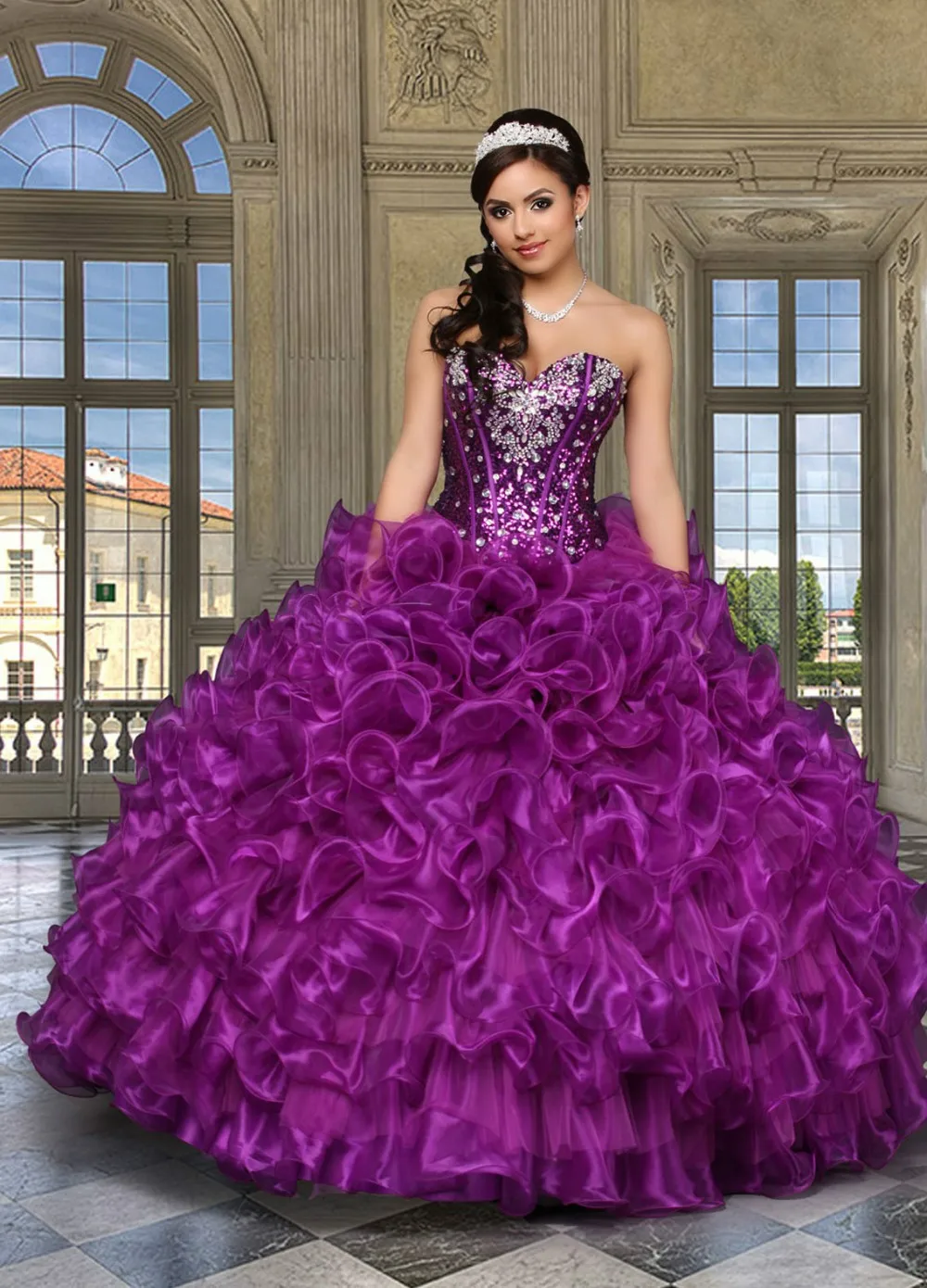 

Purple Quinceanera Ball Gown Beaded Crystal Backless Sweetheart vestido de noiva Off The Shoulder mother of the bride dresses