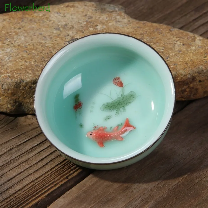 Celadon Small Carp Tea Cup Teaware Ceramic Porcelain Hand-painted Lotus Ceramic Kung Fu Tea Set Tea Cup
