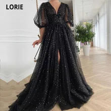 

LORIE Bohemian Evening Dresses Arabic V-Neck Black and Gold Tulle Side Split Tulle Prom Gown Half Sleeve Party Dress Graduation
