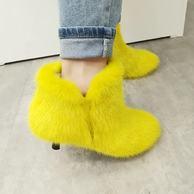 yellow Новинка; обувь на меху из норки; женские плюшевые ботинки; Ботинки Martin на меху; кожаные ботинки; зимние сапоги - Цвет: yellow