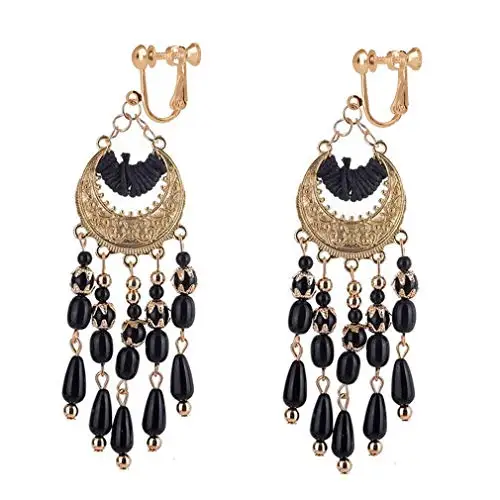 GRACE JUN Handmade Fashion Tassel Clip on Earrings Women's Statement Bohemian Ethic Bead Gold Color No Pierced Vintage Ear Clip ear clip earrings clip earrings ear clip ear accessories
