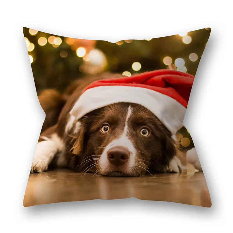 Мультяшная полиэфирная квадратная пушистая наволочка с праздничной Красной рождественской шляпой для кошек и собак, декоративная наволочка для подушки для дома - Цвет: dog-15