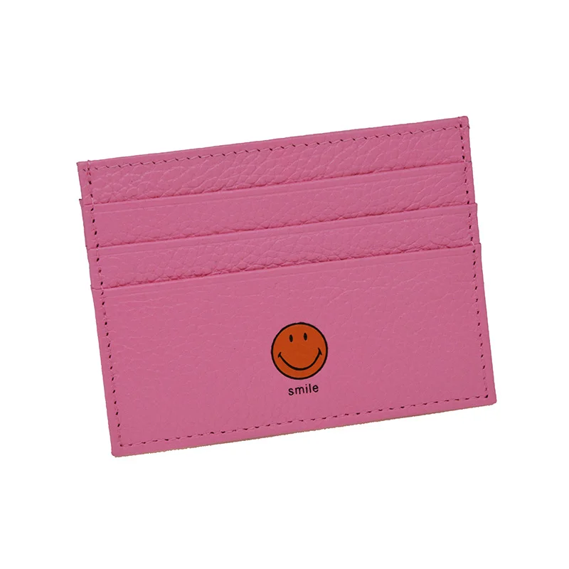  100% Genuine Cow Leather ID Card Holder Smile Face Token Candy Color Bank Credit Card Gift Box Mult